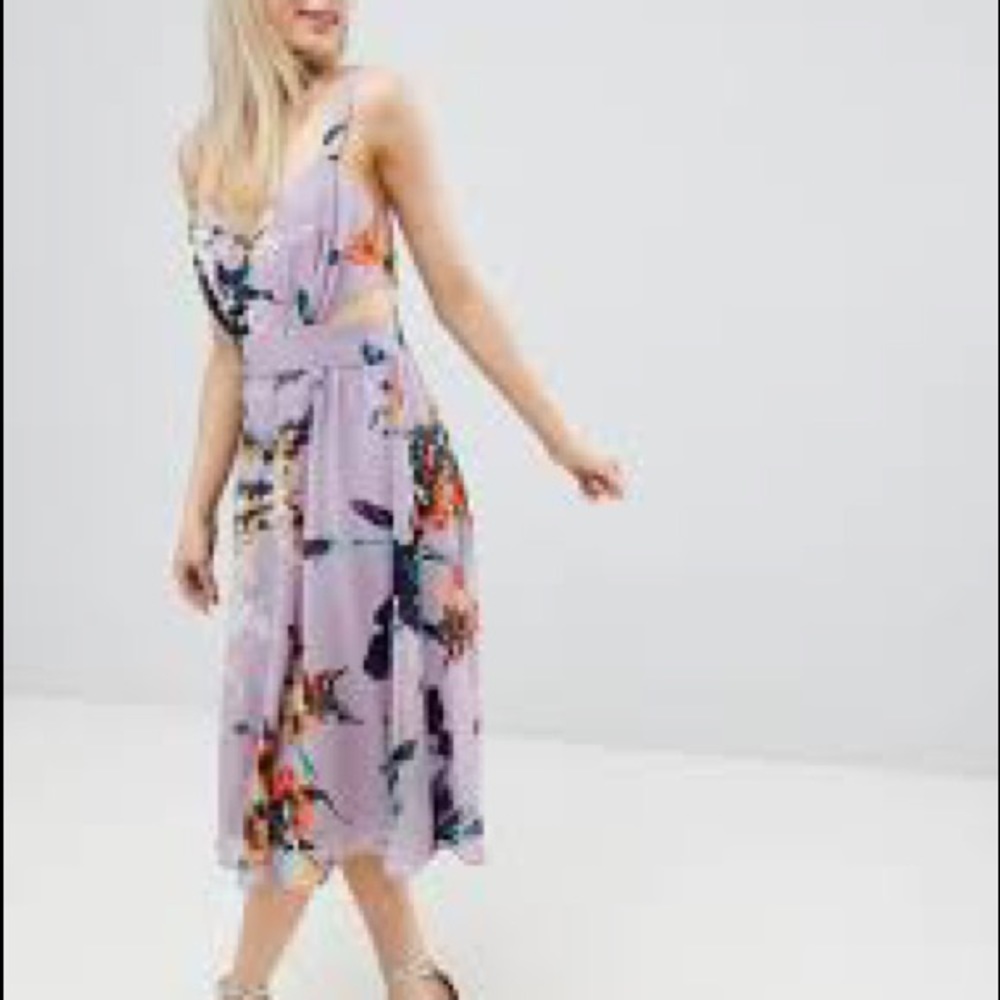 ASOS Lilac Floral Print Midi Dress With Cut Out